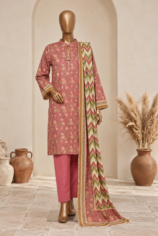 3 Pieces - Rijja By Murashe Unstitched Peach Ladies Printed  Khaddar Suit