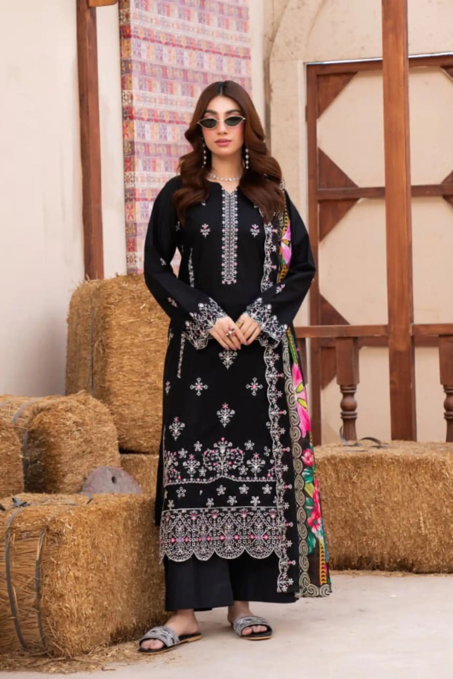3 Piece - Gold Unstitched Black Embroidered Lawn Suit