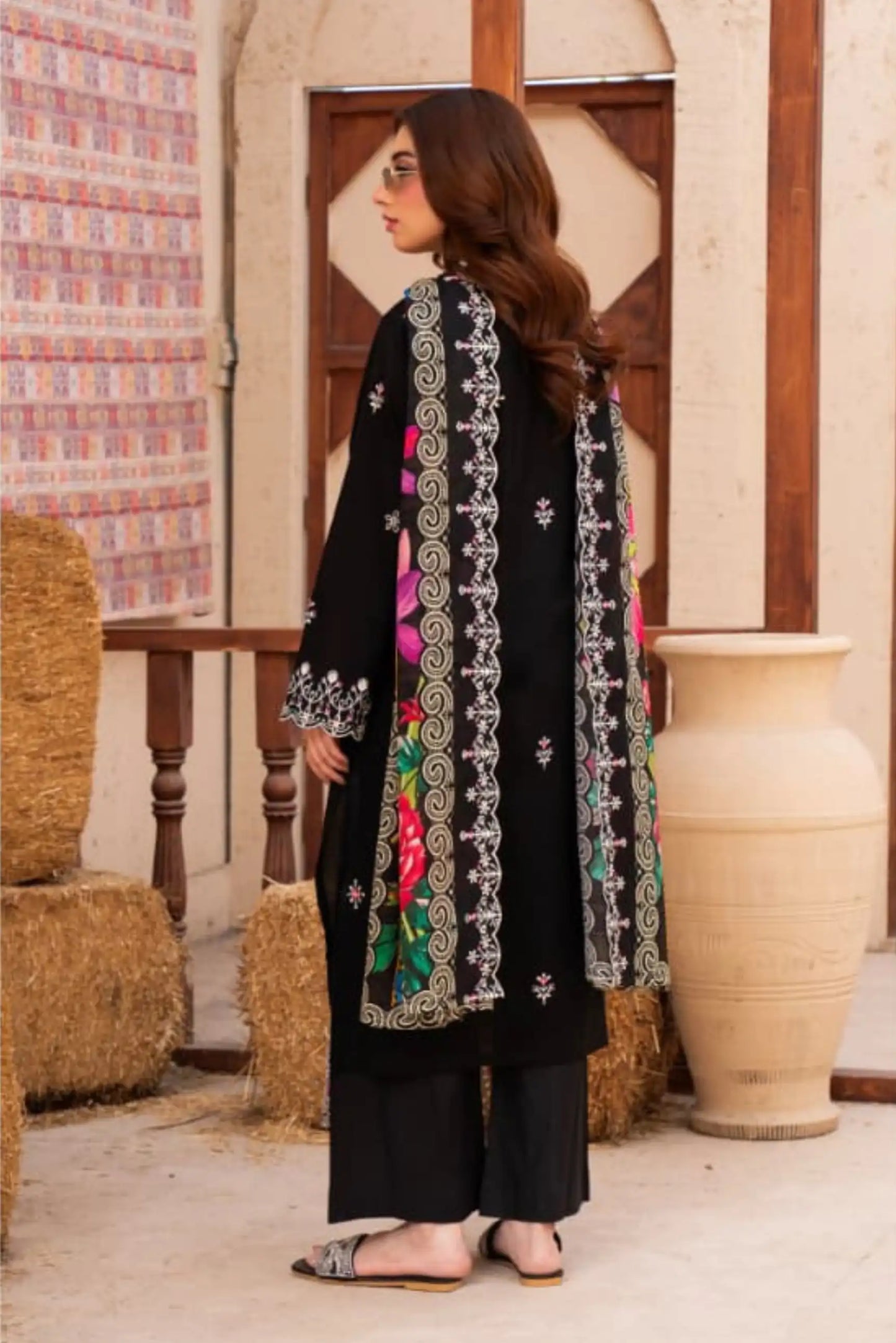 3 Piece - Gold Unstitched Black Embroidered Lawn Suit