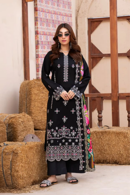 3 Piece - Gold Unstitched Black Embroidered Lawn Suit