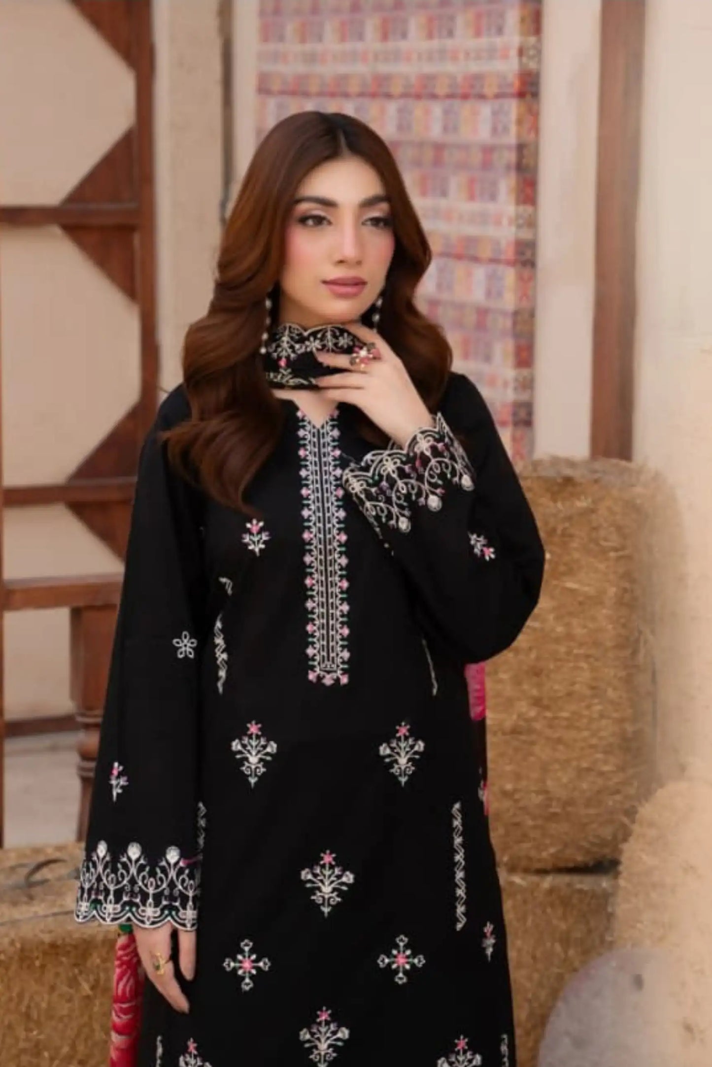 3 Piece - Gold Unstitched Black Embroidered Lawn Suit