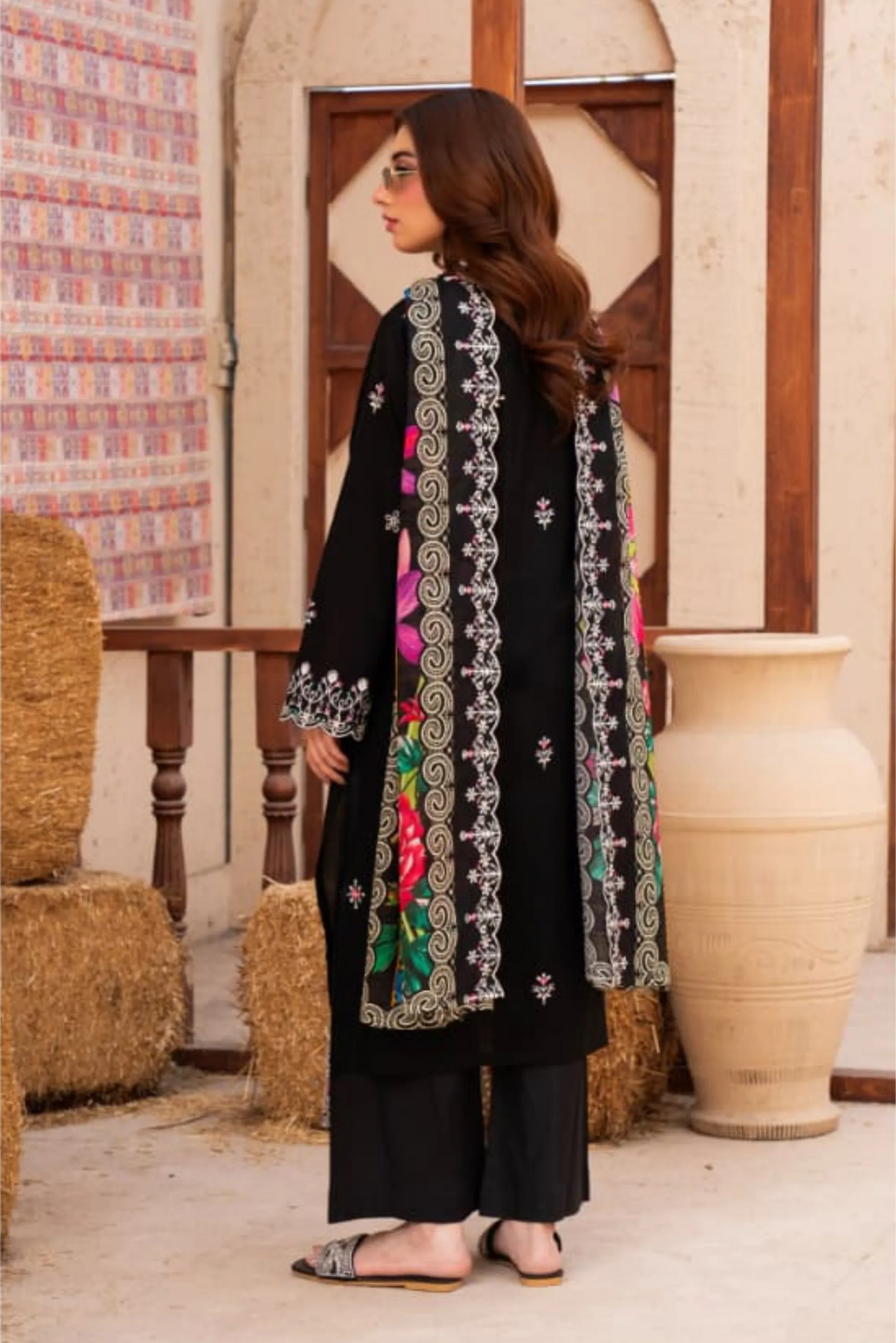3 Piece - Gold Unstitched Black Embroidered Lawn Suit