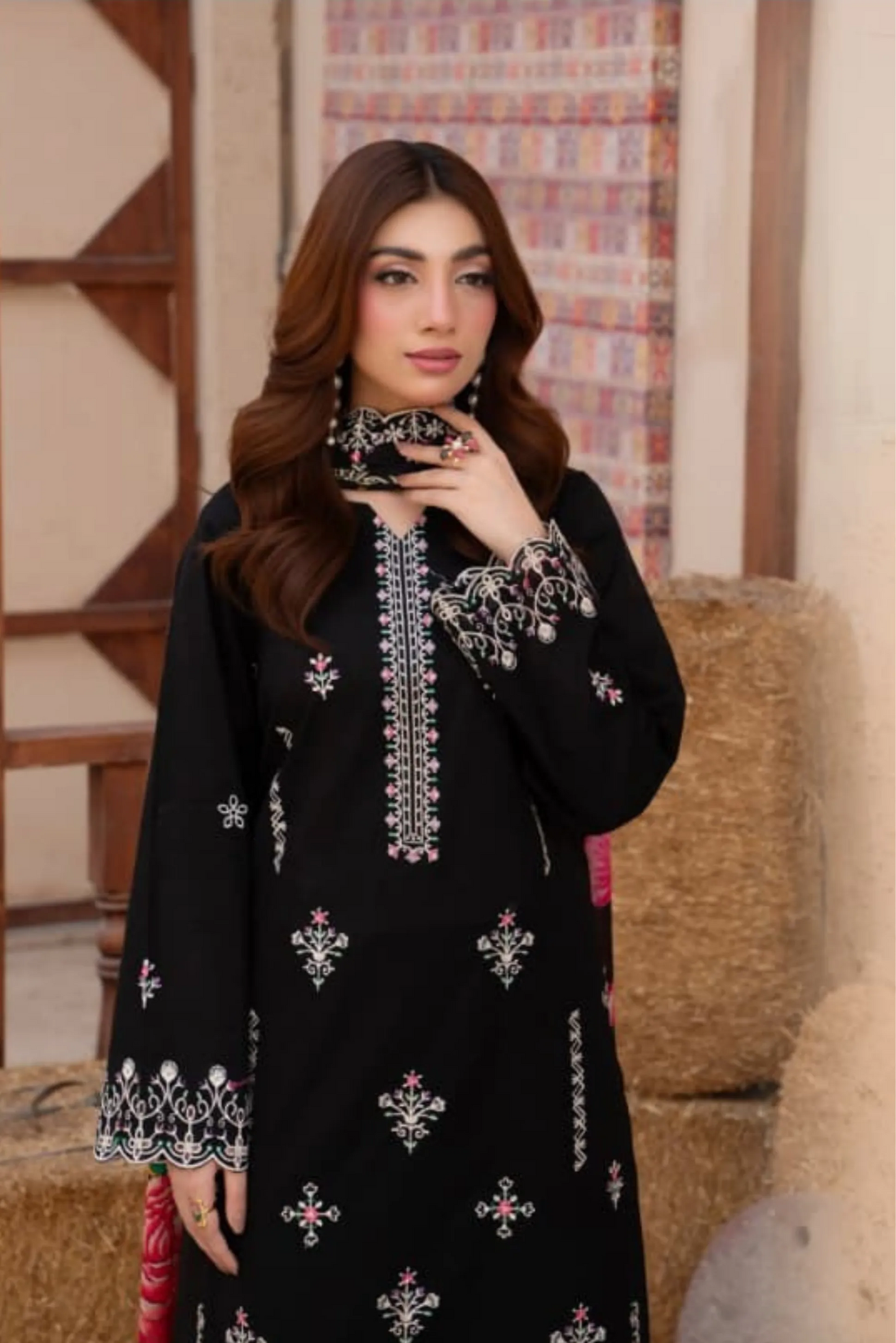3 Piece - Gold Unstitched Black Embroidered Lawn Suit