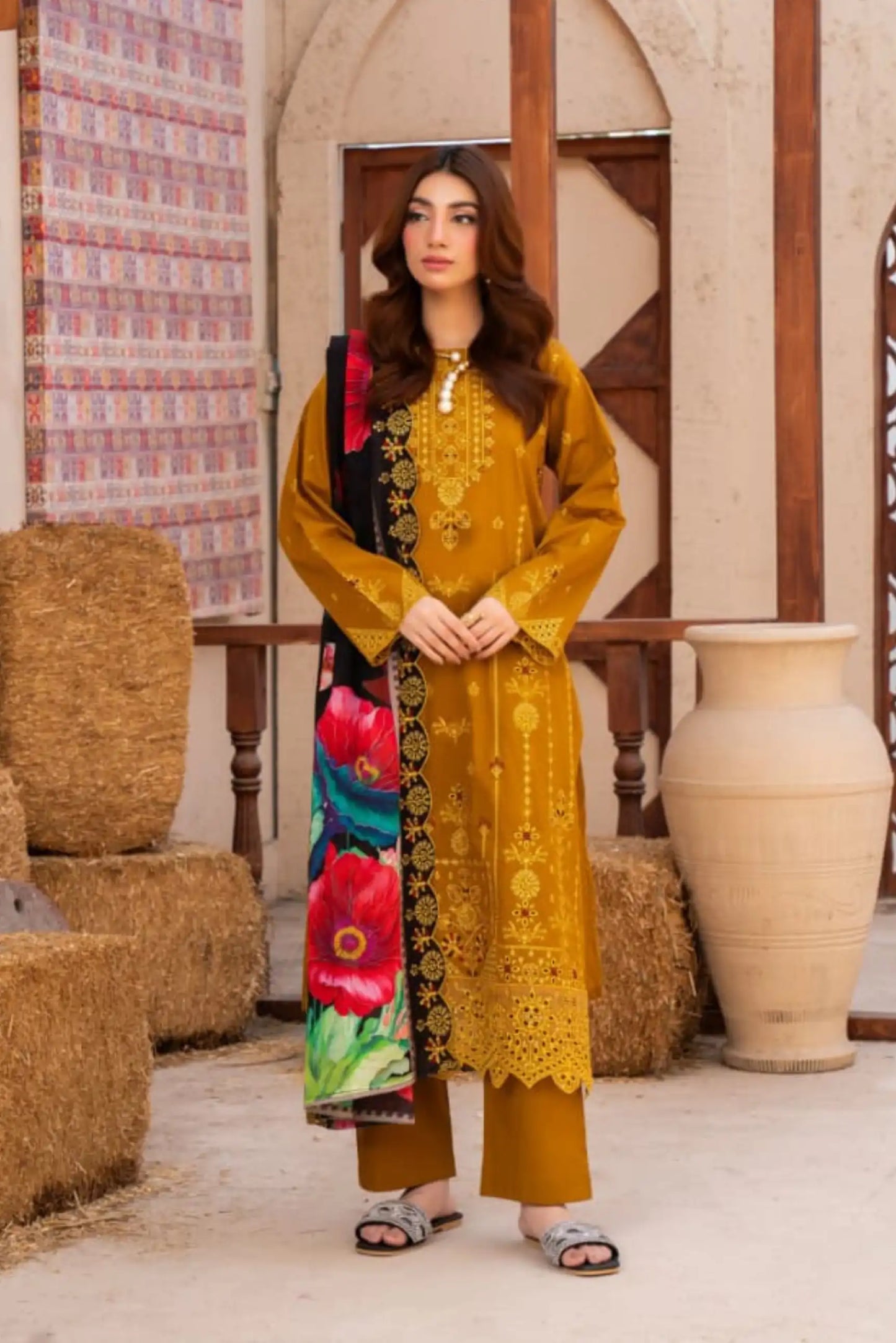 3 Piece - Gold Unstitched Mustard Embroidered Lawn Suit