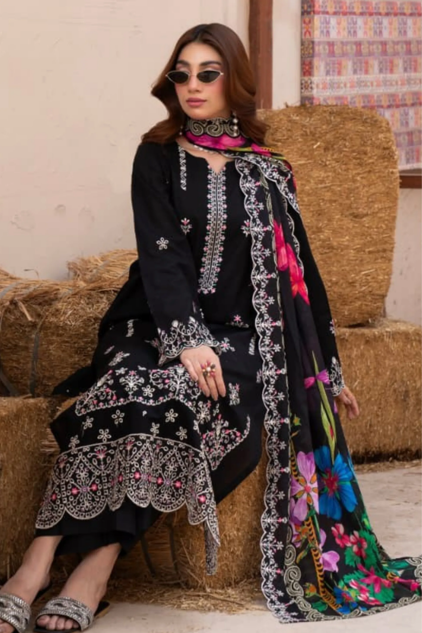 3 Piece - Gold Unstitched Black Embroidered Lawn Suit
