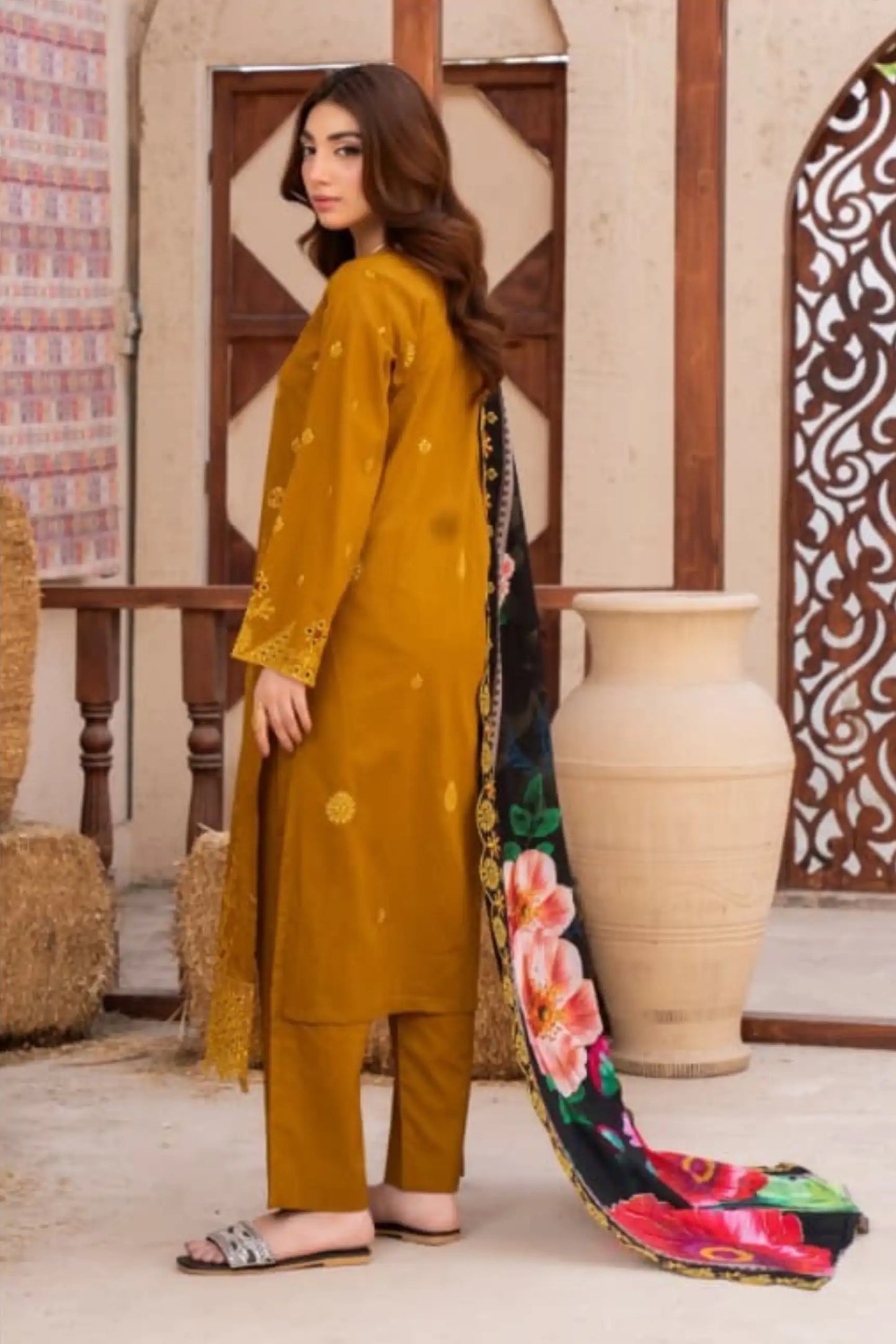 3 Piece - Gold Unstitched Mustard Embroidered Lawn Suit