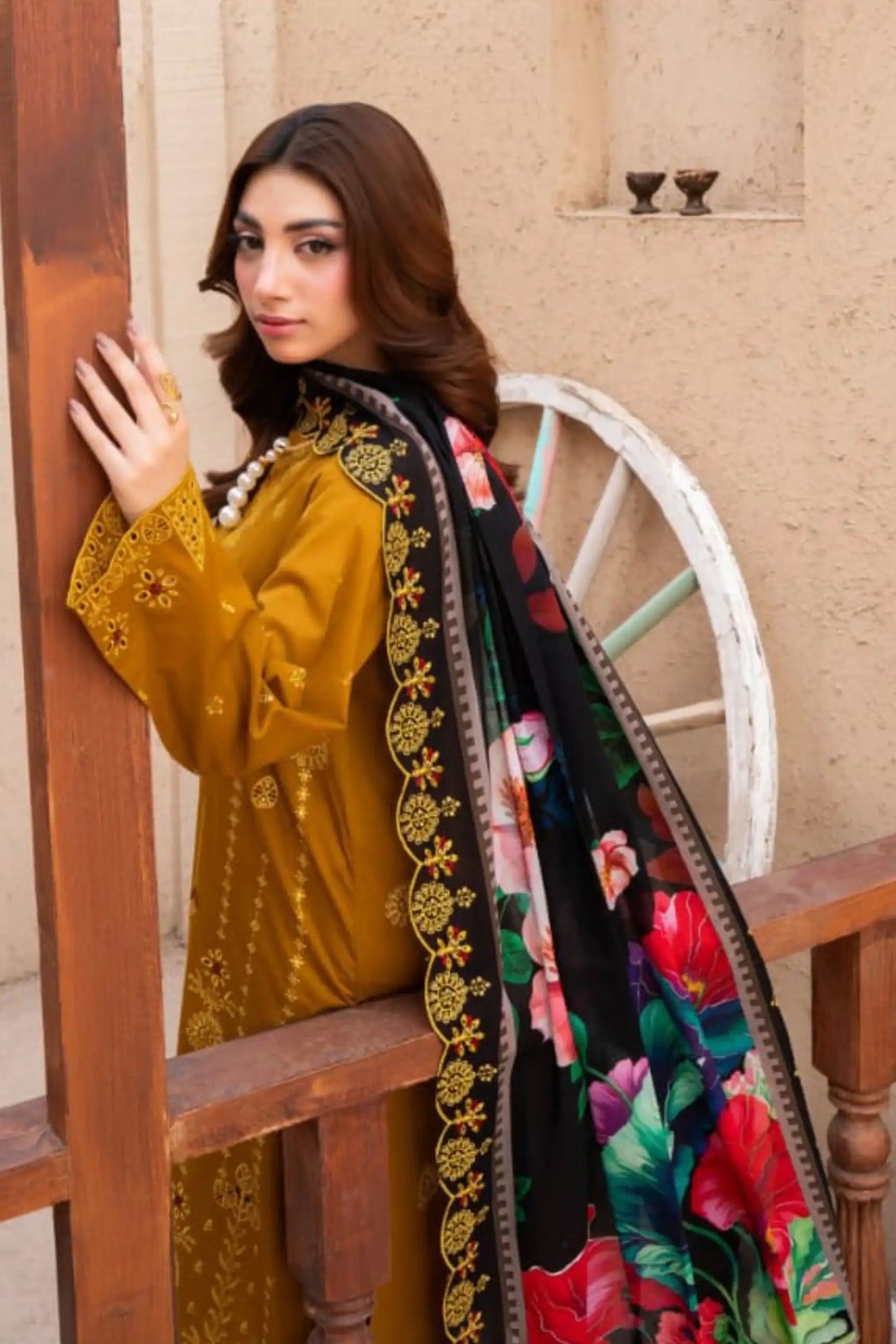 3 Piece - Gold Unstitched Mustard Embroidered Lawn Suit