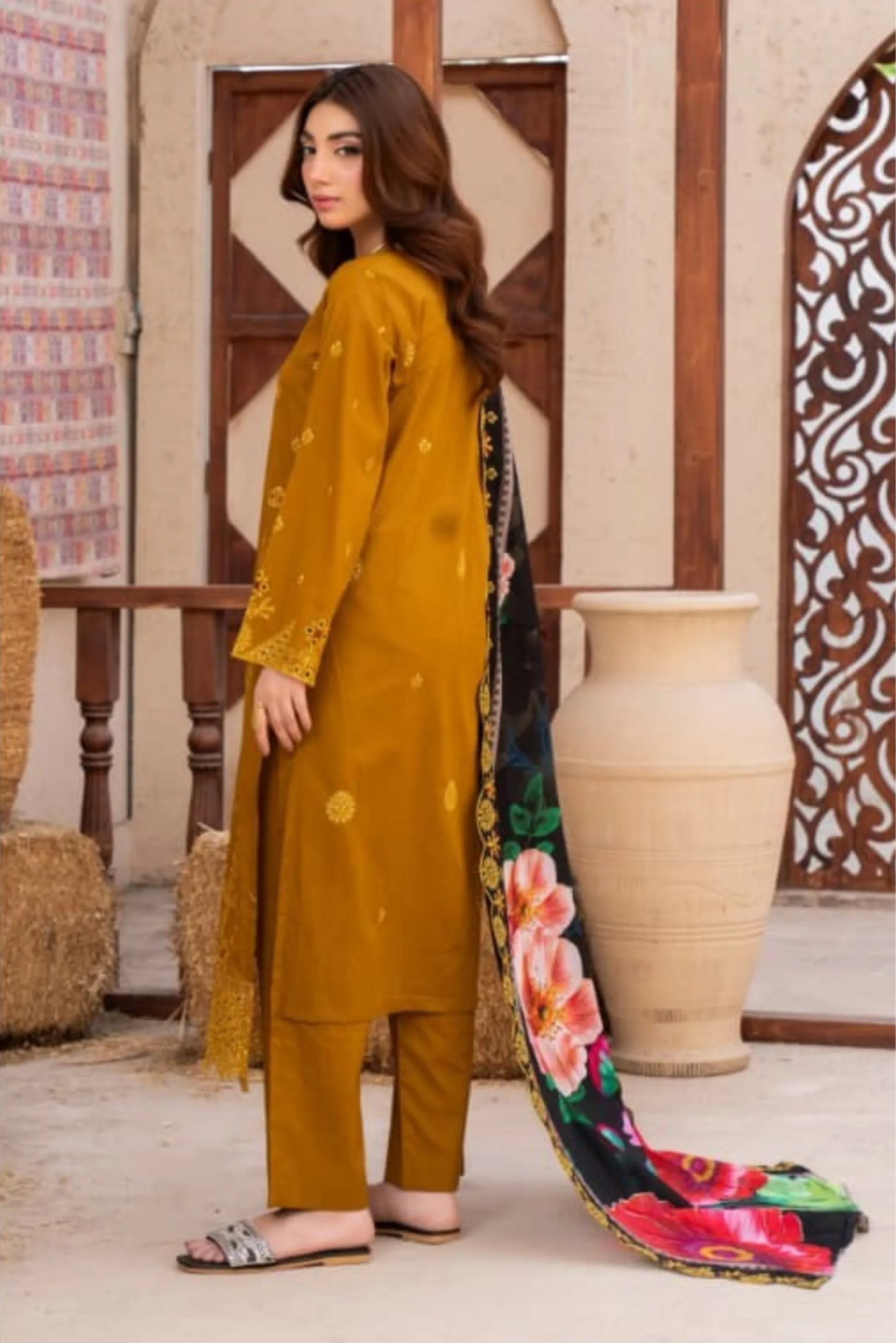 3 Piece - Gold Unstitched Mustard Embroidered Lawn Suit