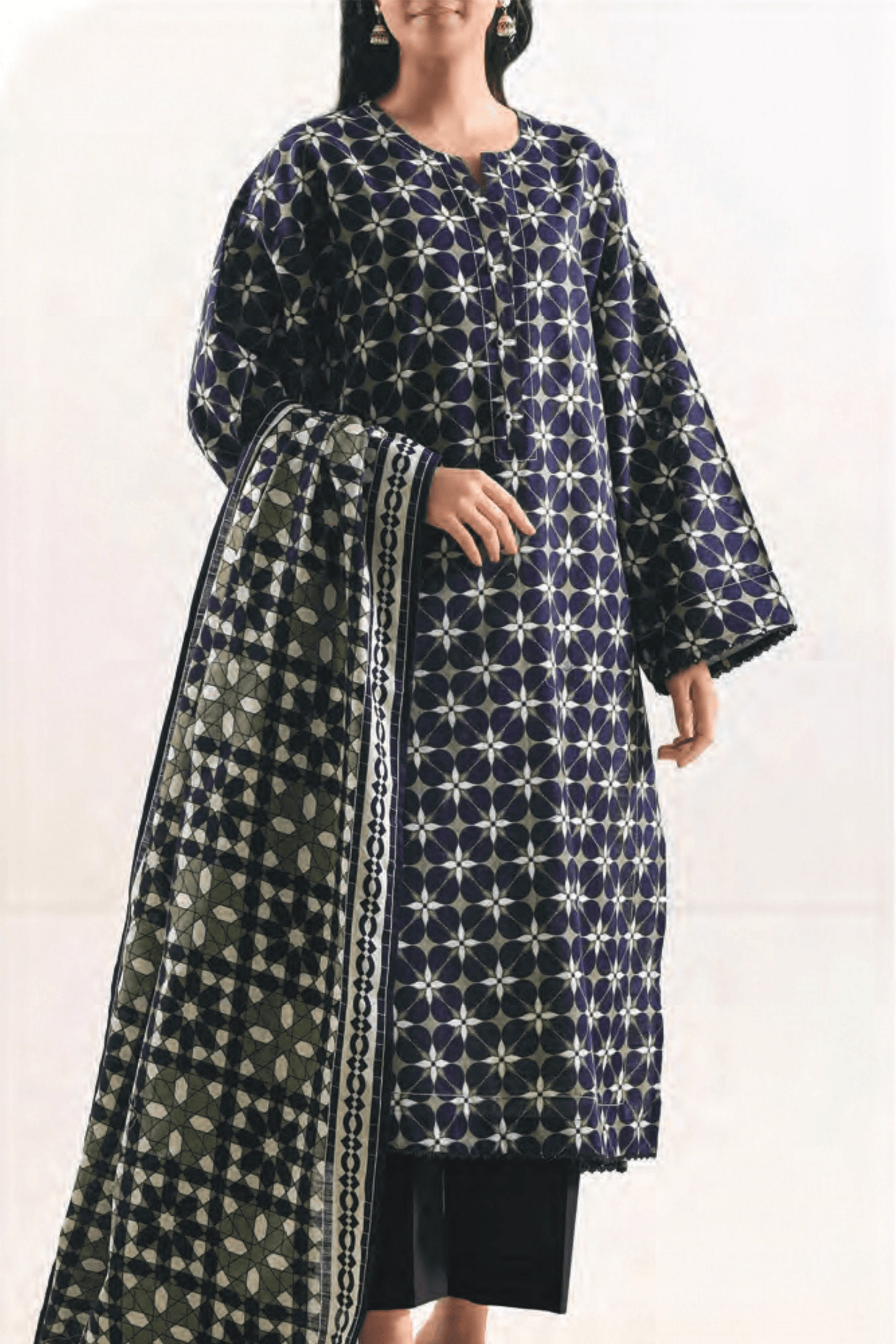 3 Pieces - Saya Unstitched Dark Blue Printed Khaddar Suit