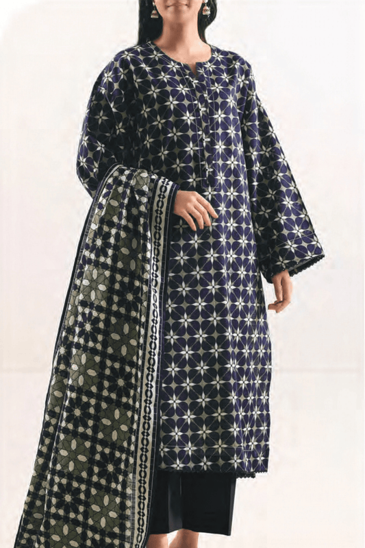 3 Pieces - Saya Unstitched Dark Blue Printed Khaddar Suit