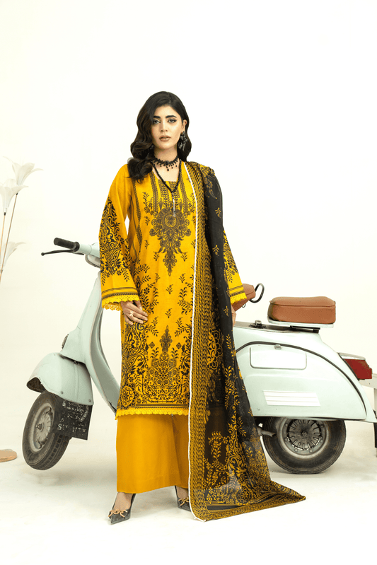 3 Piece - Gold Unstitched Mustard Printed Lawn Suit