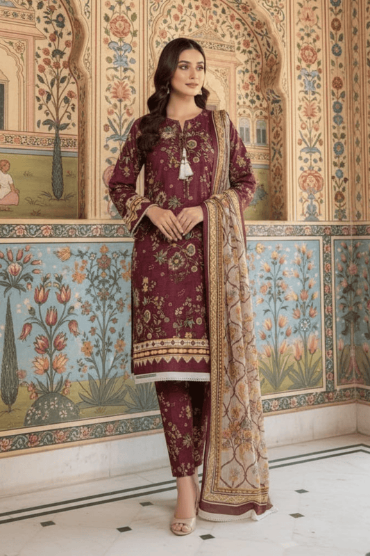 3 Pieces - Safina Unstitched Purple Printed Khaddar Suit