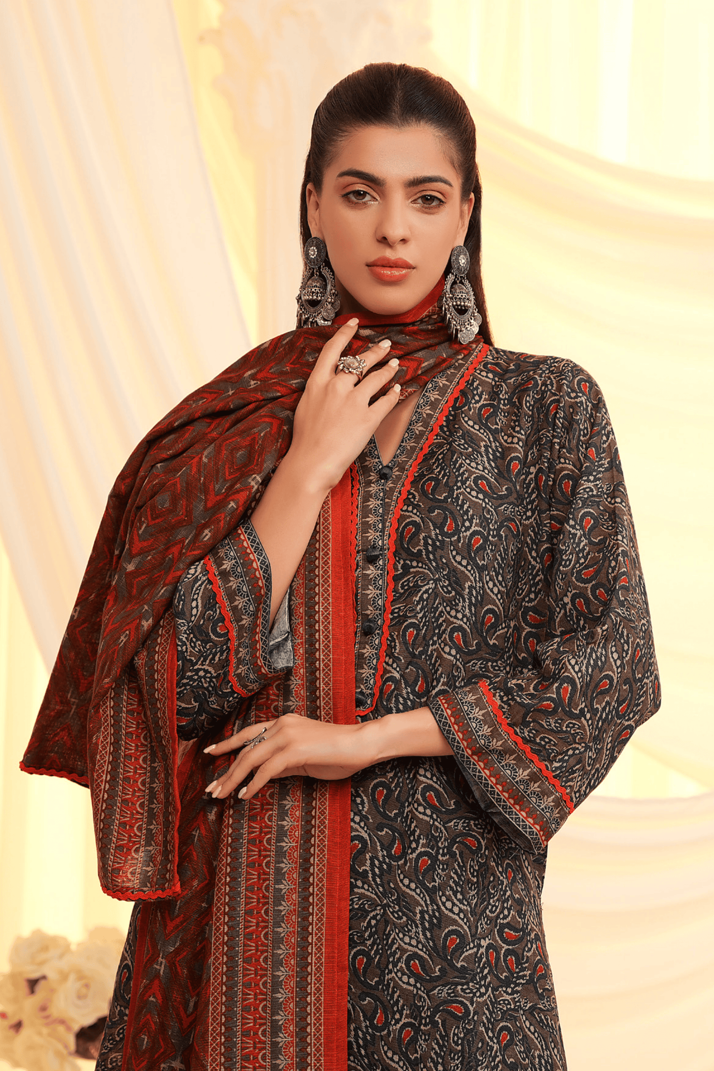 3 Pieces - Regalia Unstitched Mehandi Printed Khaddar Suit