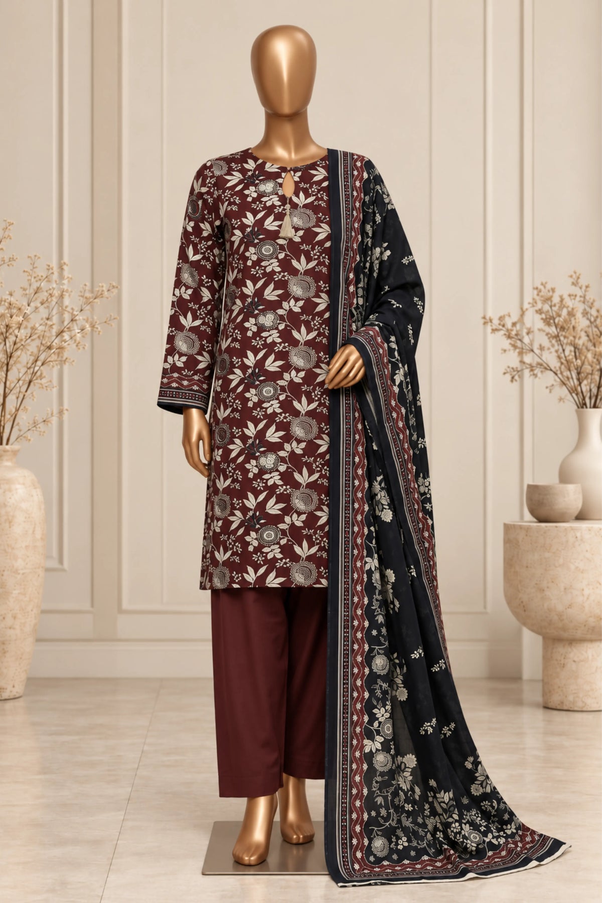 3 Pieces - Rijja By Murashe Unstitched Maroon Ladies Printed  Khaddar Suit