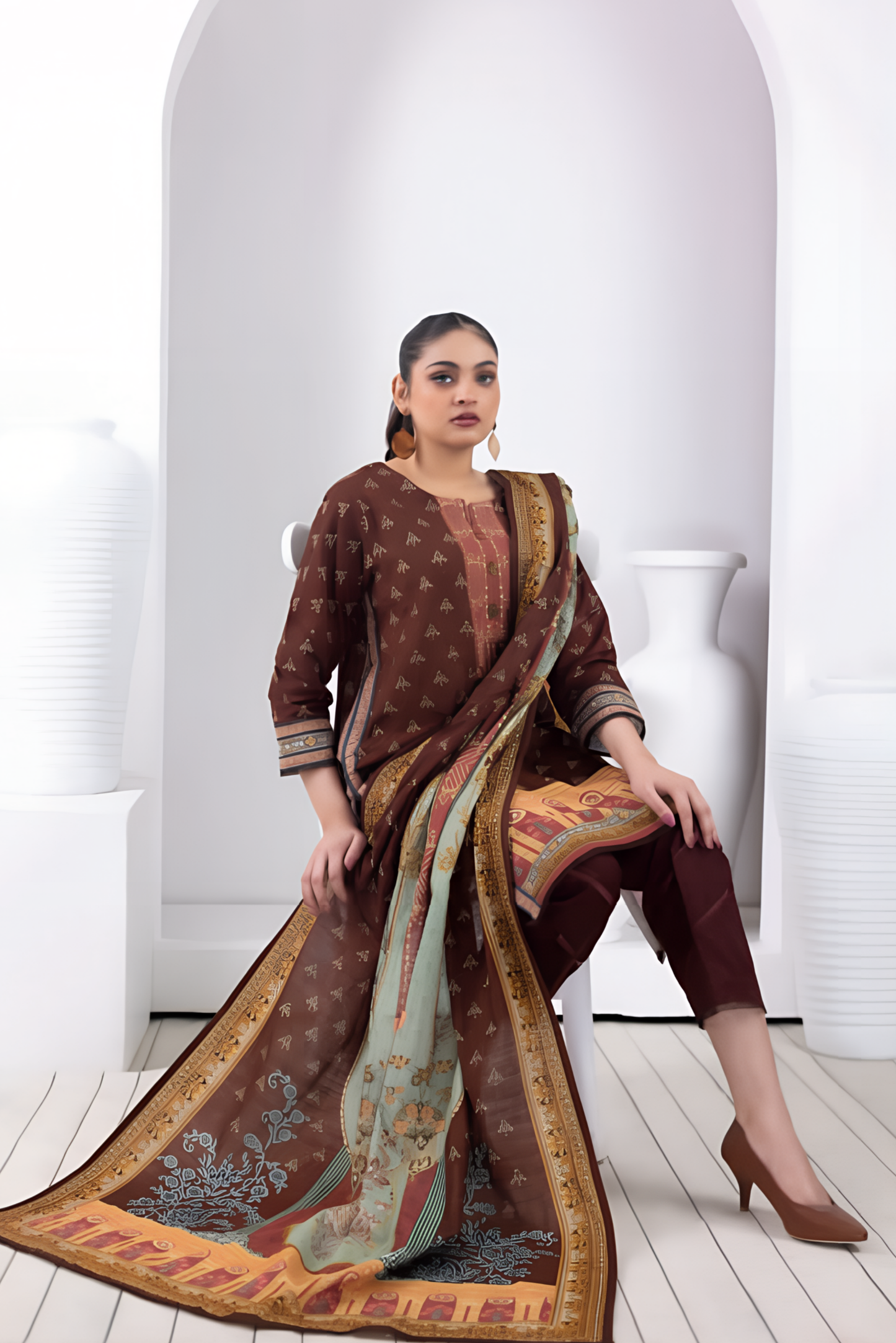 3 Pieces - Regalia Stitched Chocolate Printed Khaddar Suit