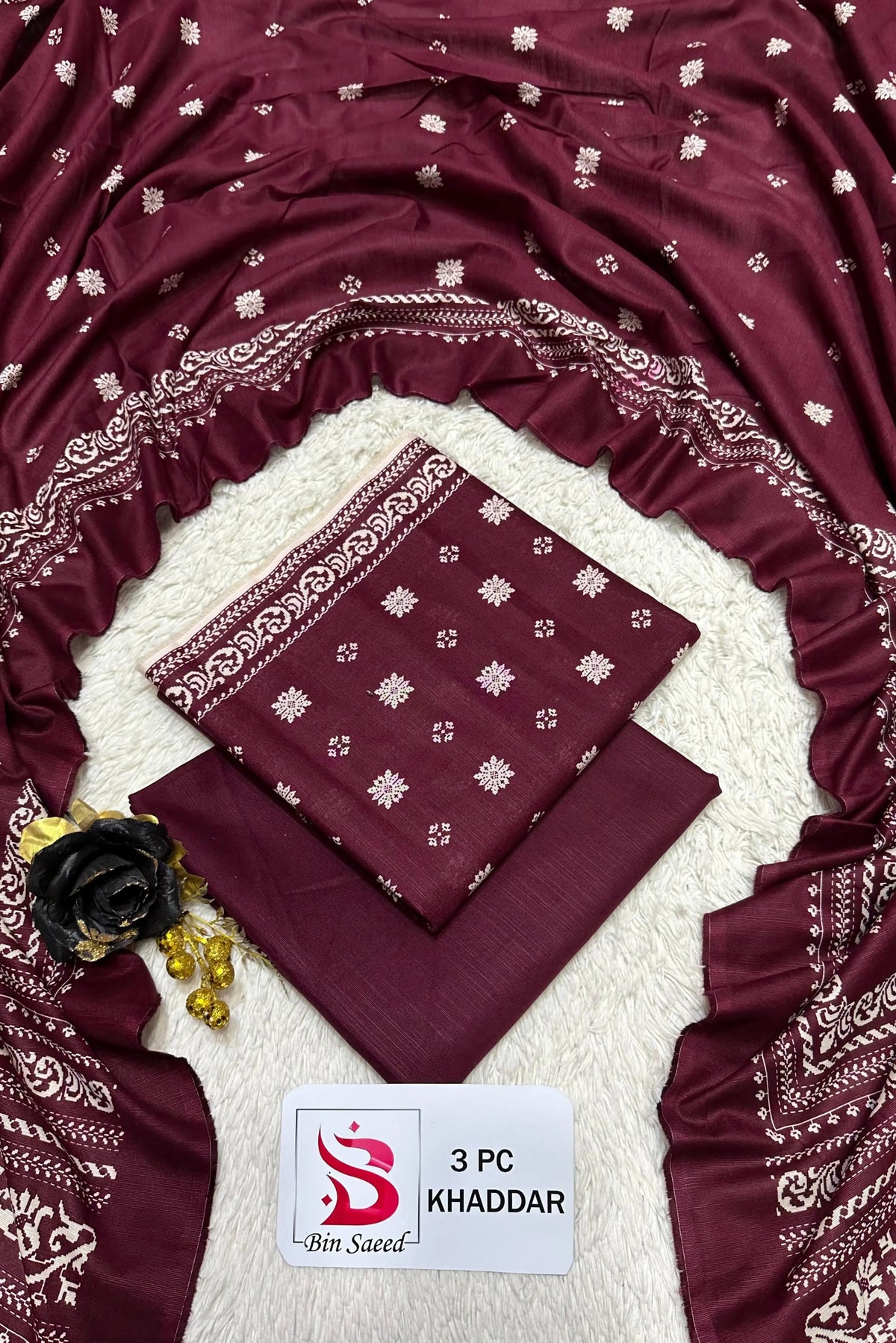 3 Pieces - Bin Saeed Unstitched Maroon Ladies Printed Khaddar Suit