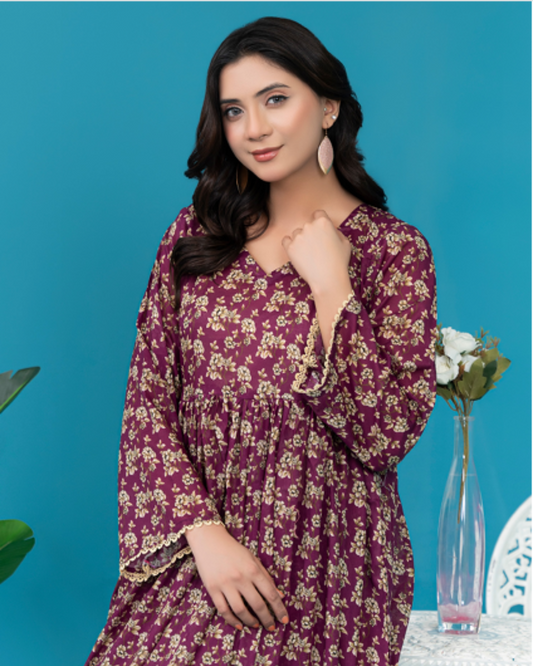2 Piece - Gold Unstitched Maroon Ladies Print Lawn Suit