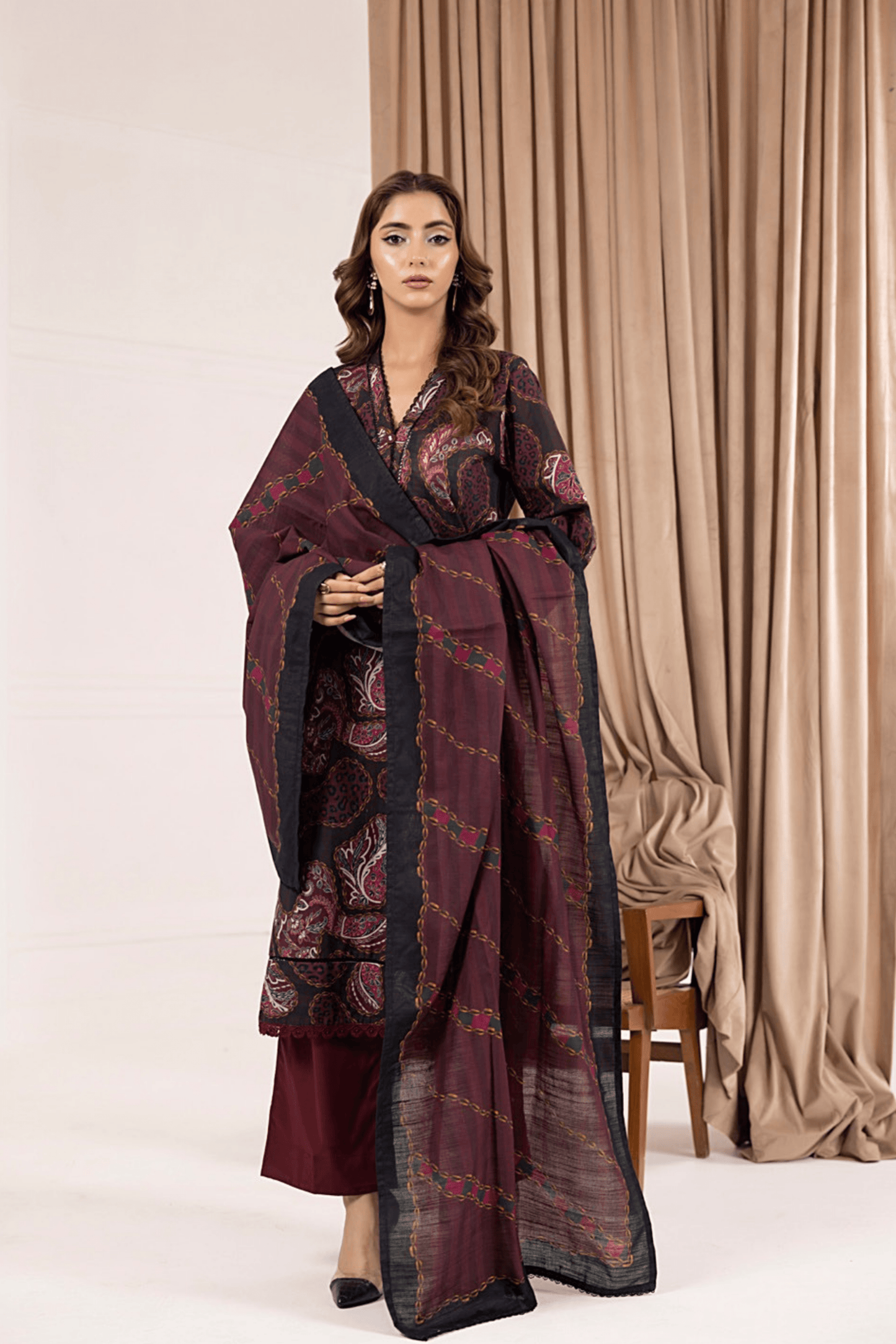 3 Pieces - Regalia Unstitched Maroon Printed Khaddar Suit