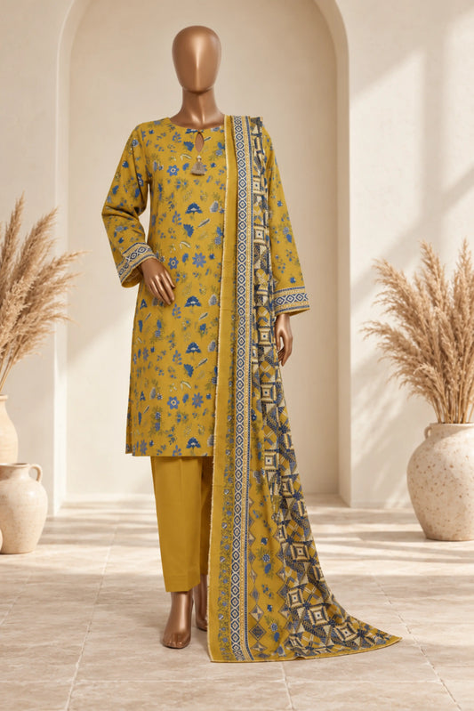 3 Pieces - Rijja By Murashe Unstitched Mustard Ladies Printed  Khaddar Suit