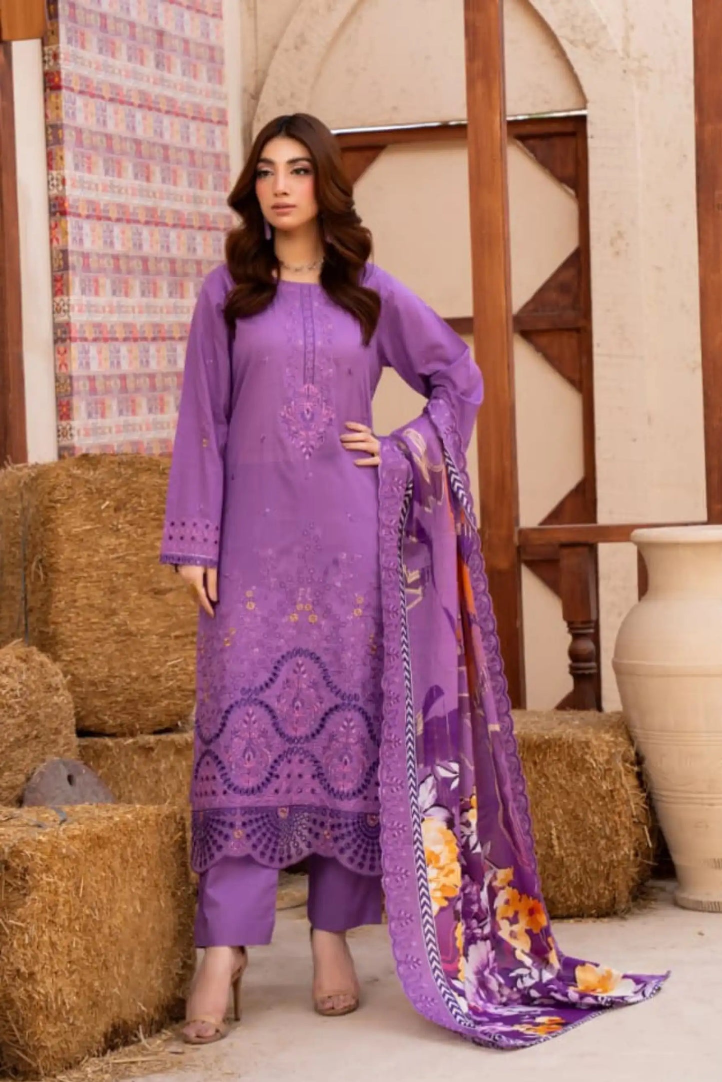 3 Piece - Gold Unstitched Purple Embroidered Lawn Suit
