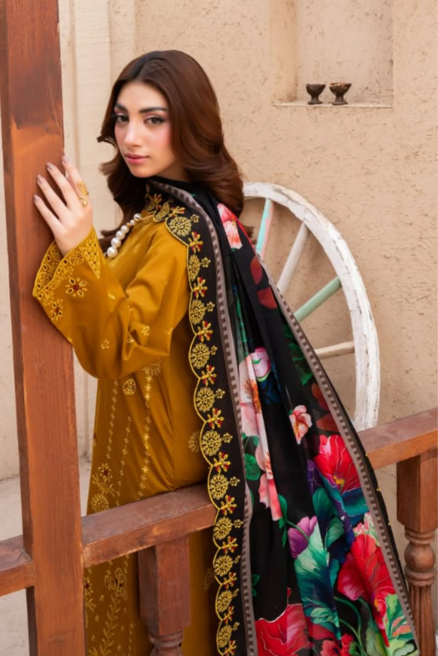 3 Piece - Gold Unstitched Mustard Embroidered Lawn Suit