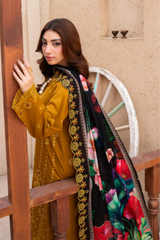 3 Piece - Gold Unstitched Mustard Embroidered Lawn Suit
