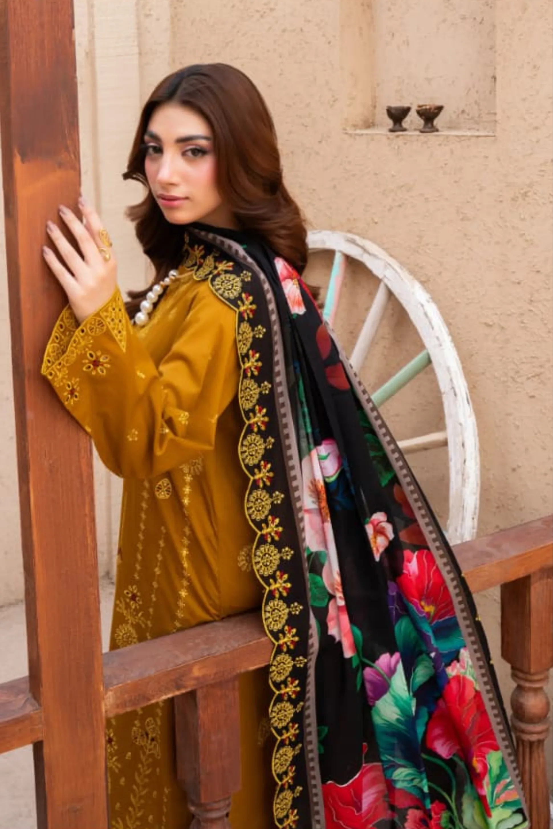 3 Piece - Gold Unstitched Mustard Embroidered Lawn Suit