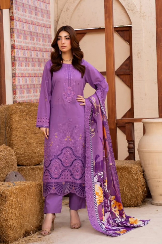 3 Piece - Gold Unstitched Purple Embroidered Lawn Suit
