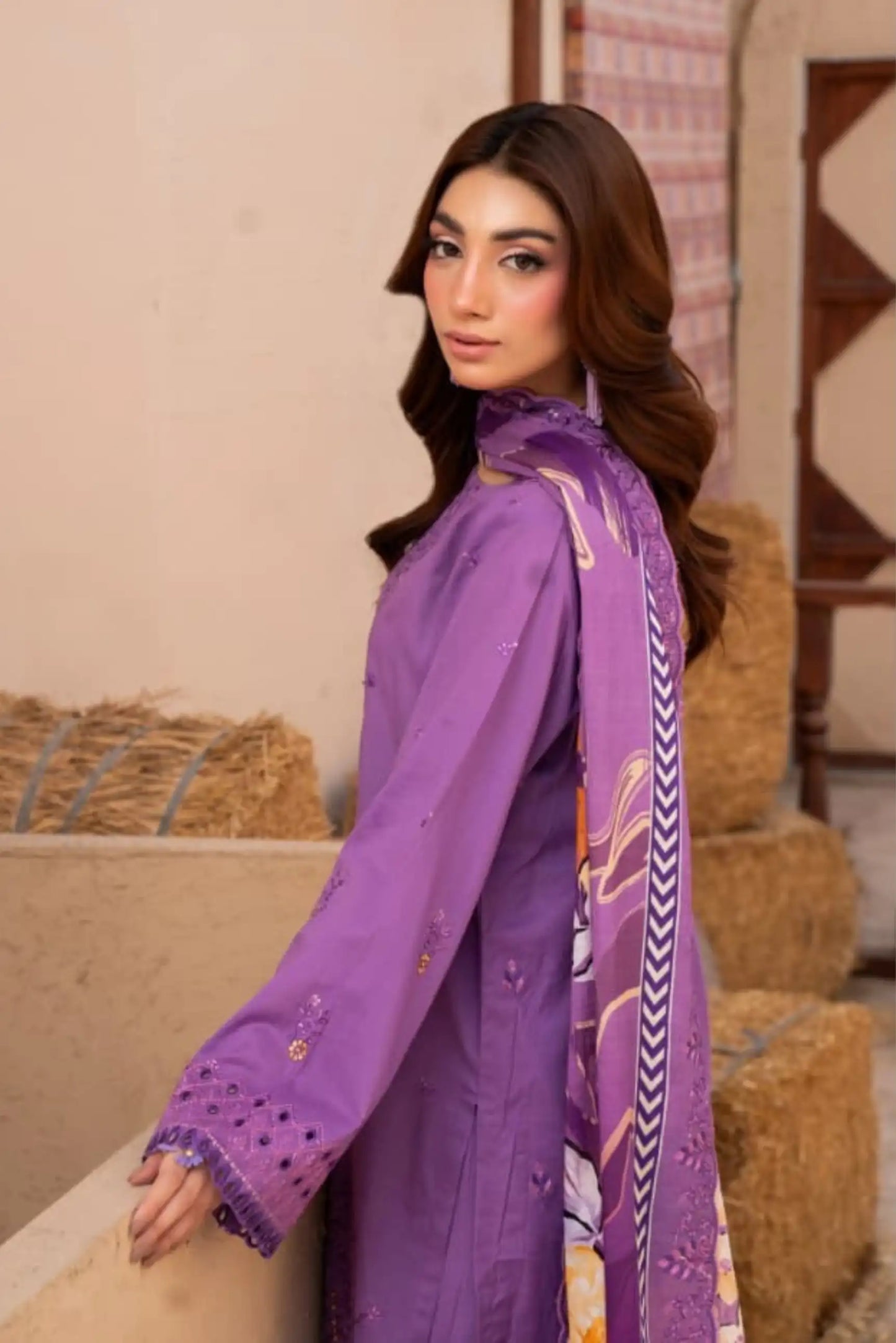 3 Piece - Gold Unstitched Purple Embroidered Lawn Suit