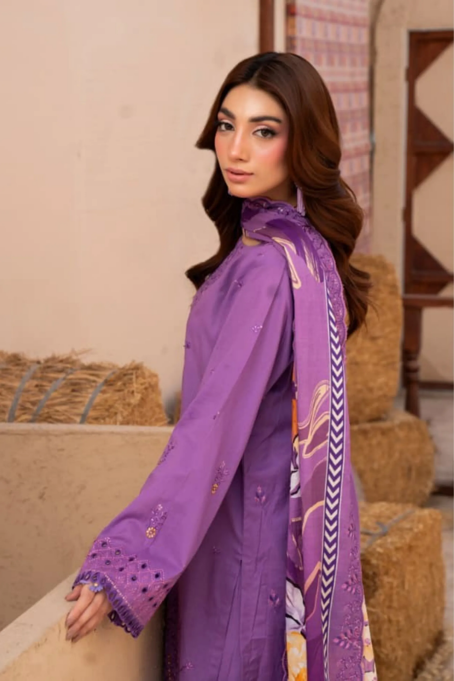 3 Piece - Gold Unstitched Purple Embroidered Lawn Suit