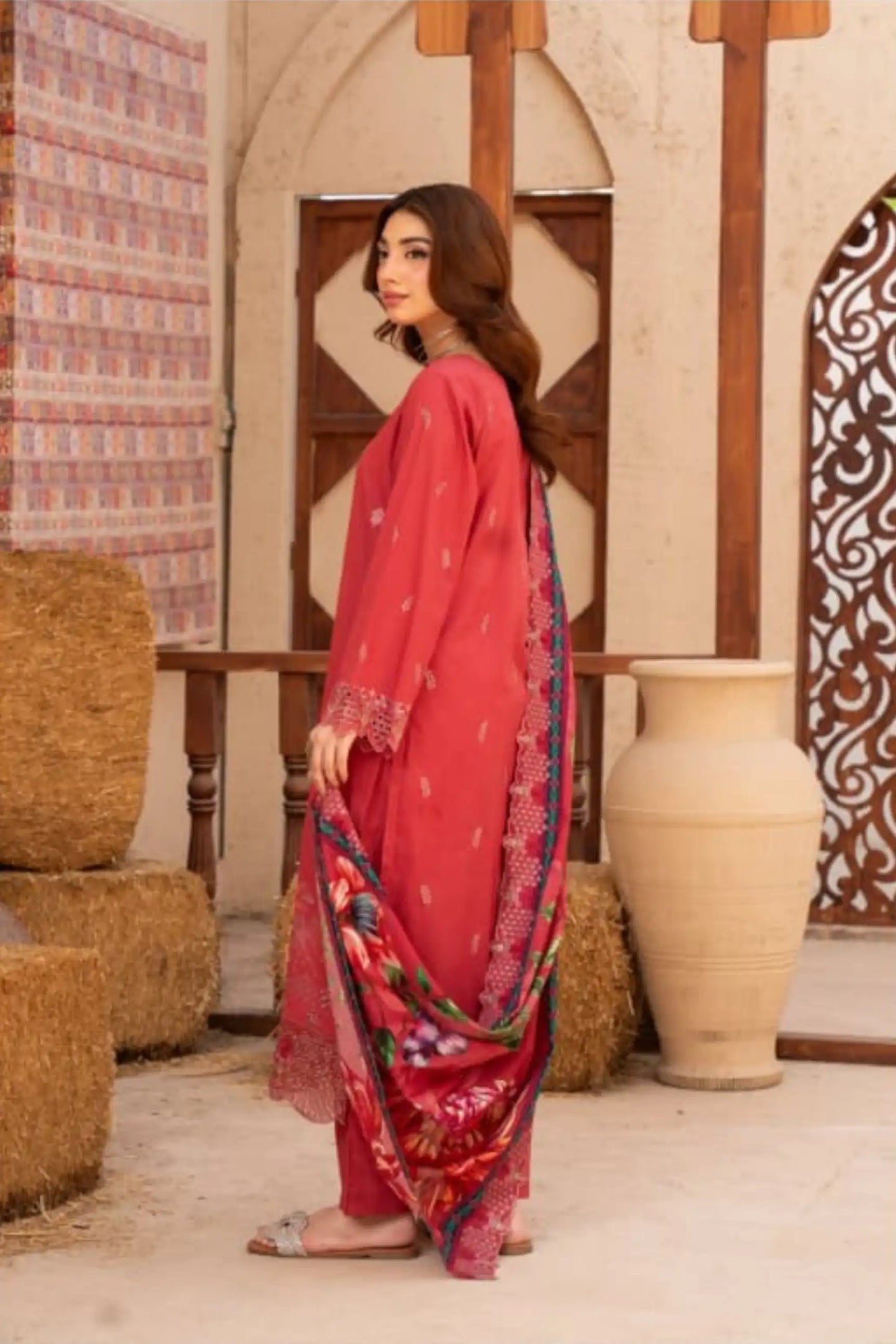 3 Piece - Gold Unstitched Red Embroidered Lawn Suit