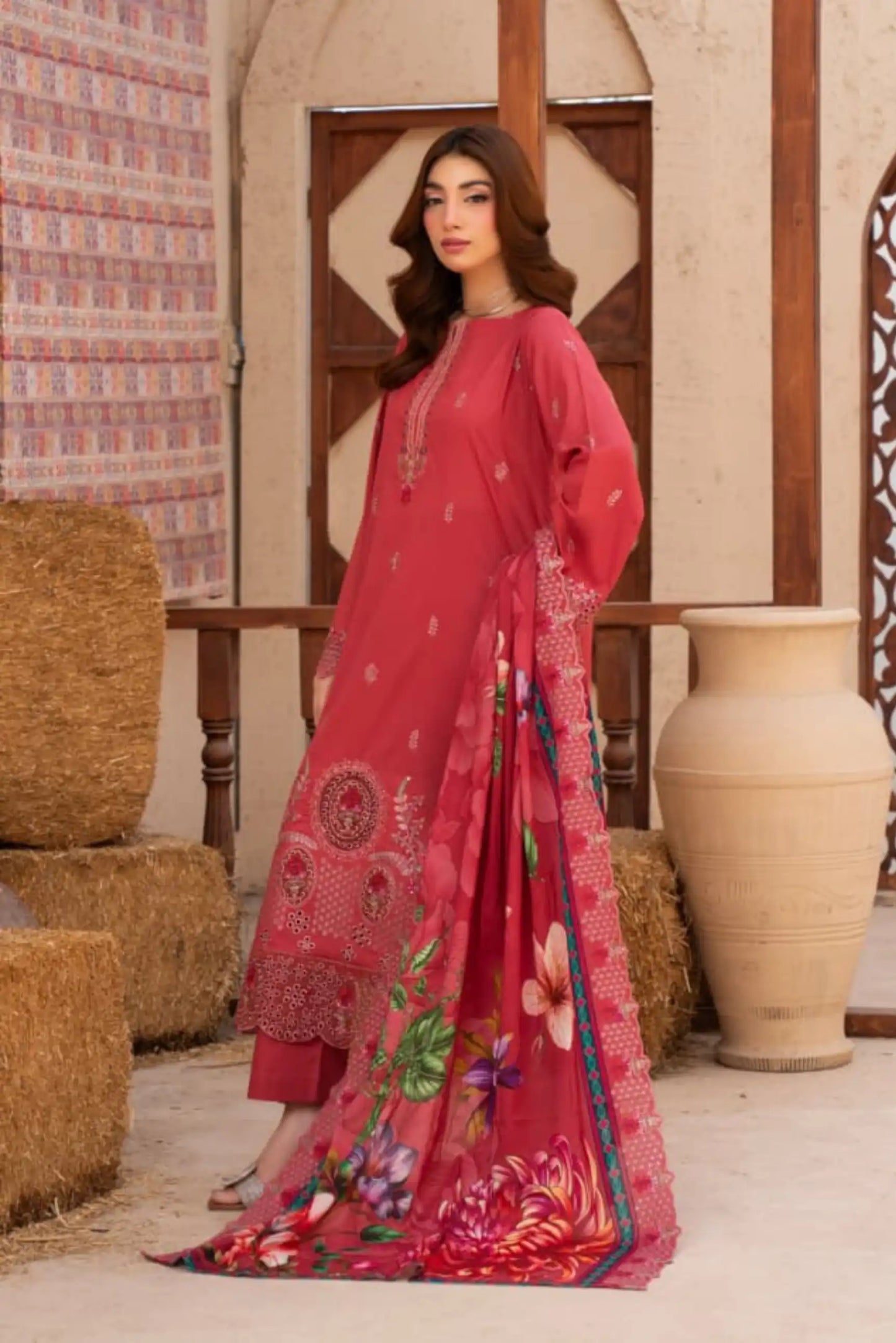 3 Piece - Gold Unstitched Red Embroidered Lawn Suit