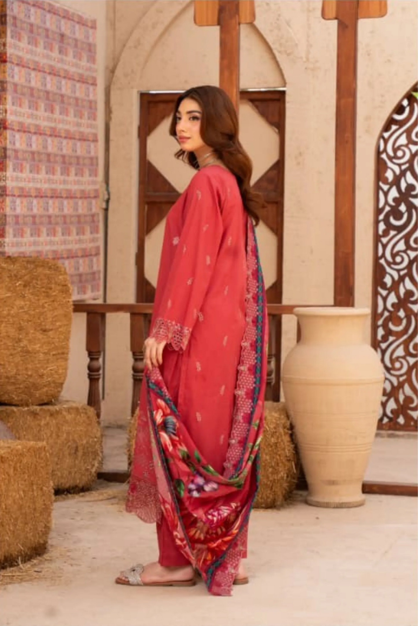 3 Piece - Gold Unstitched Red Embroidered Lawn Suit