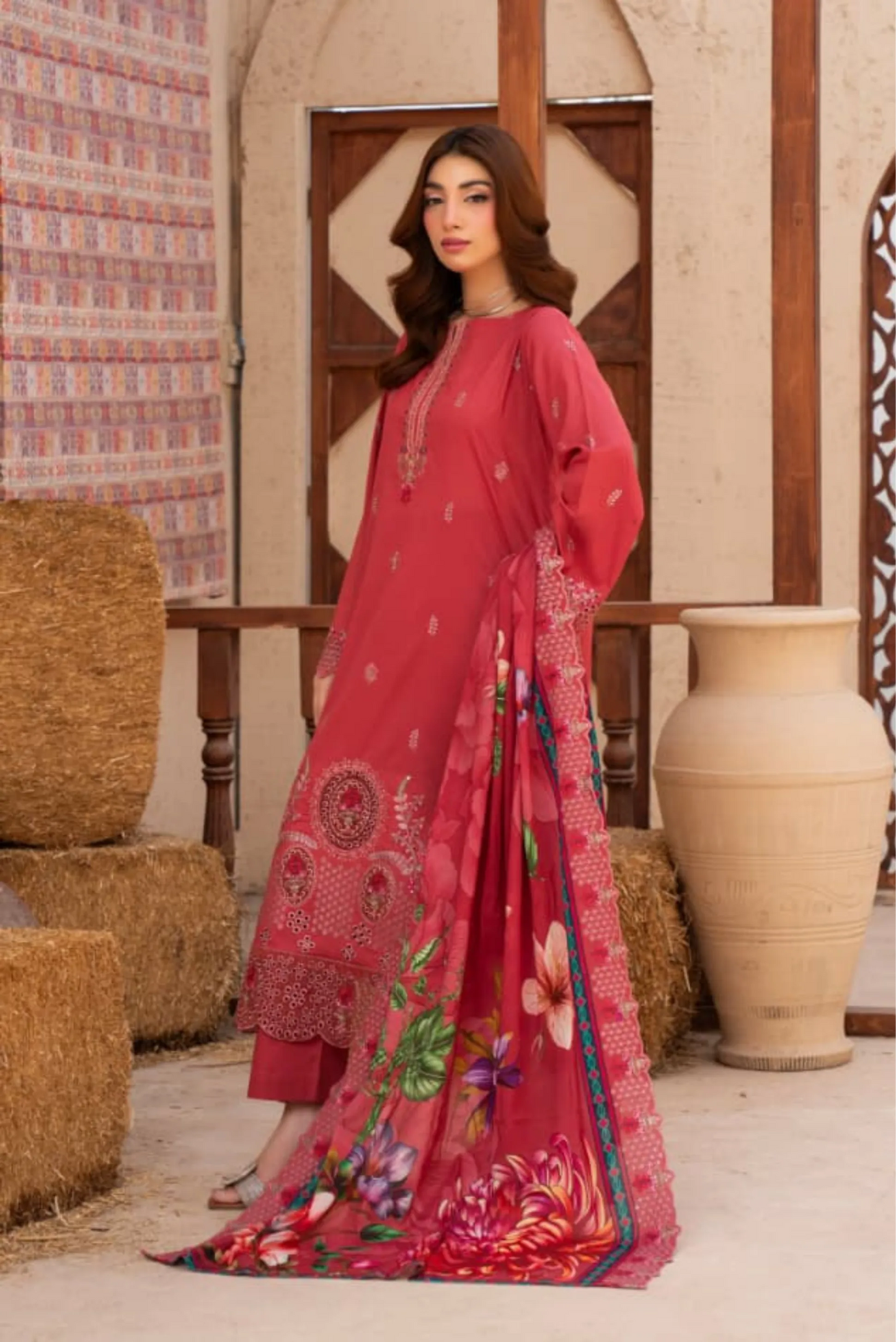 3 Piece - Gold Unstitched Red Embroidered Lawn Suit