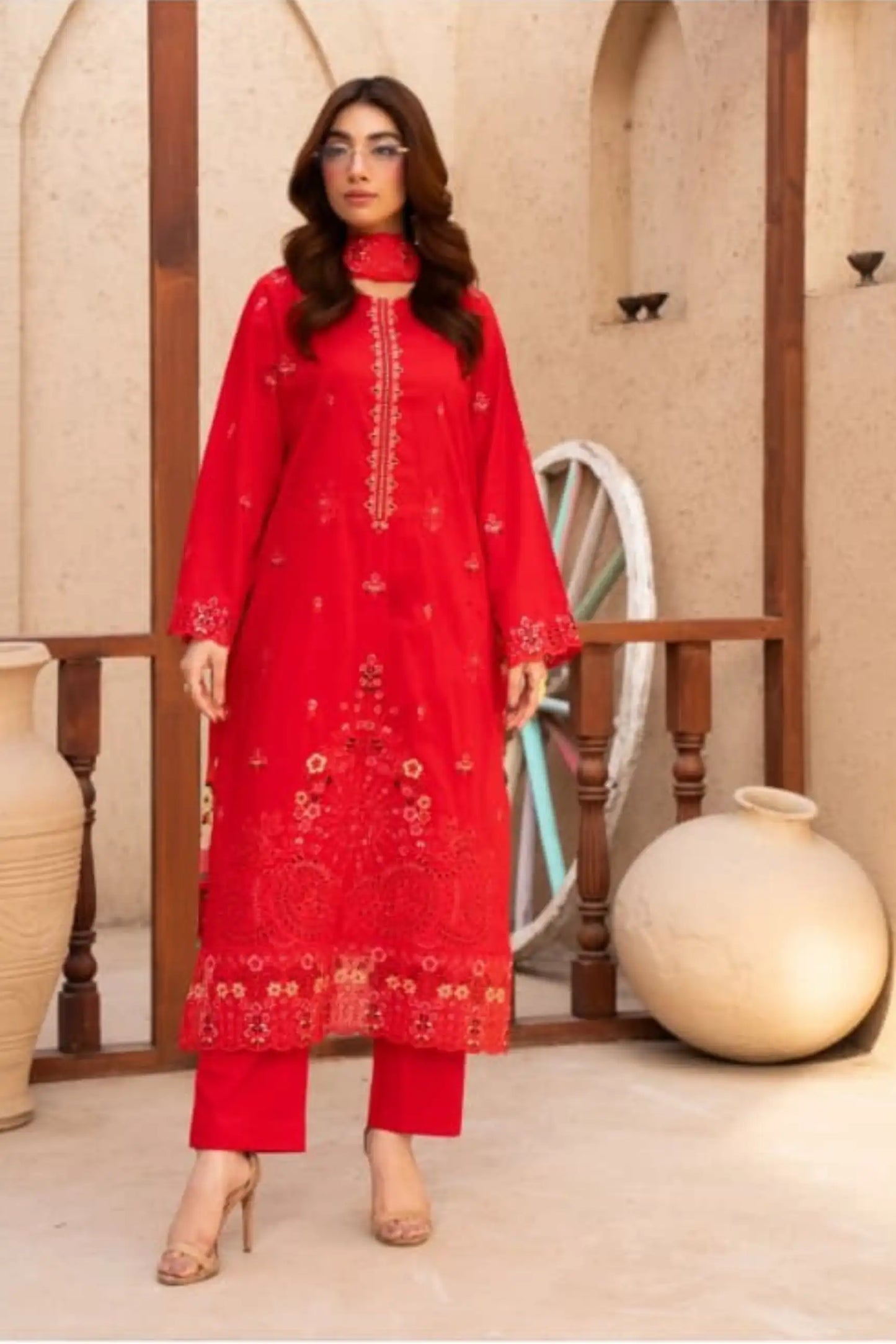 3 Piece - Gold Unstitched Red Embroidered Lawn Suit