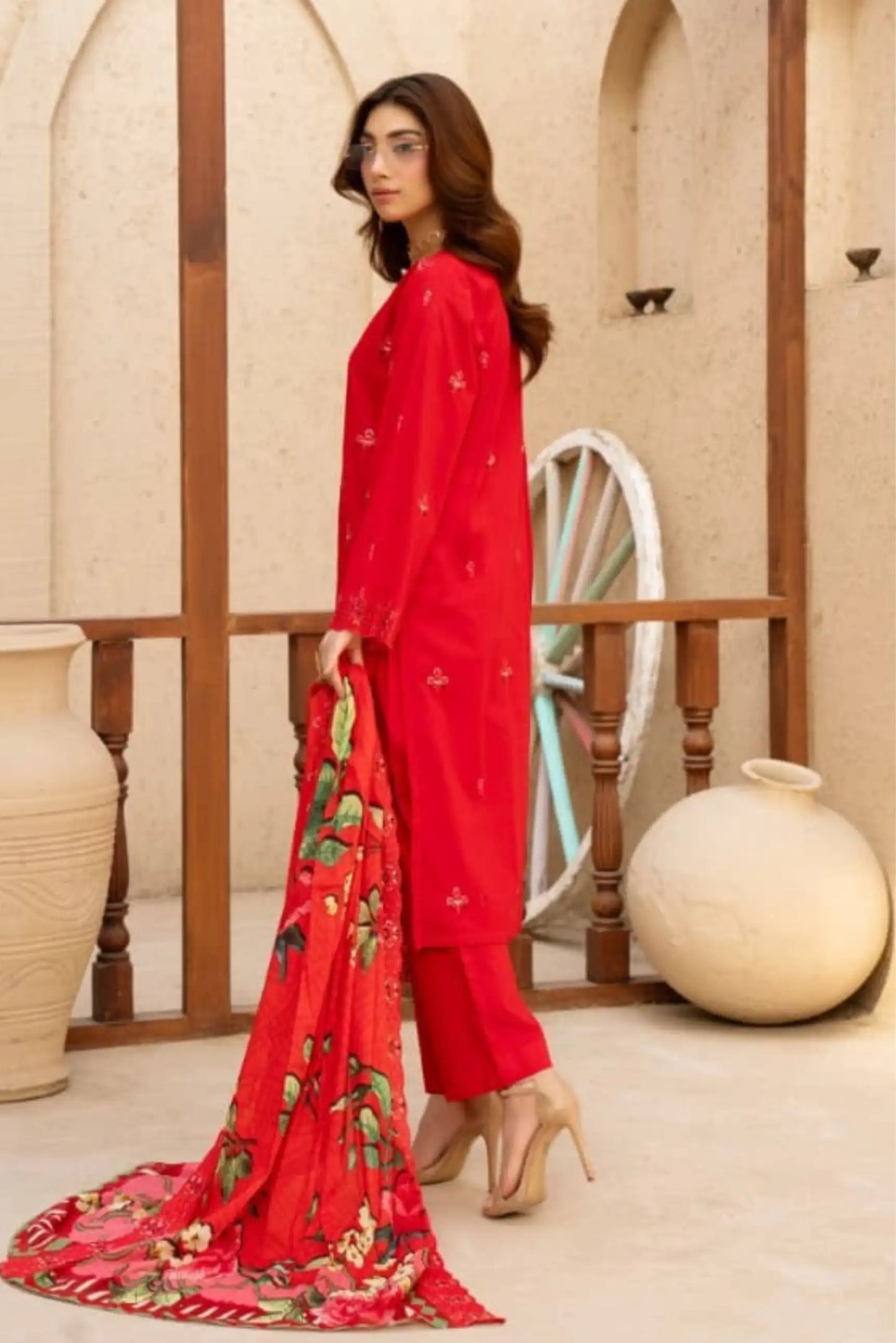 3 Piece - Gold Unstitched Red Embroidered Lawn Suit