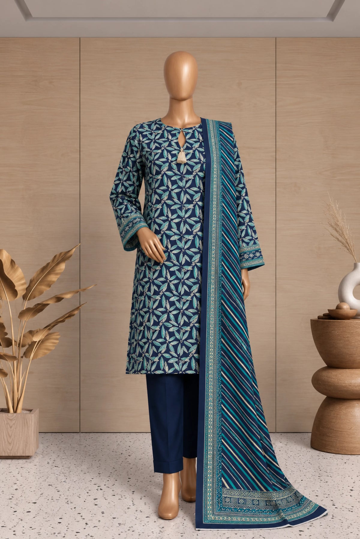 3 Pieces - Rijja By Murashe Unstitched Navy Blue Ladies Printed  Khaddar Suit
