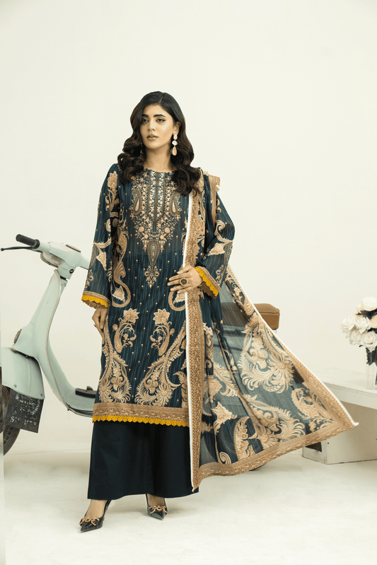 3 Piece - Gold Unstitched Zink Printed Lawn Suit