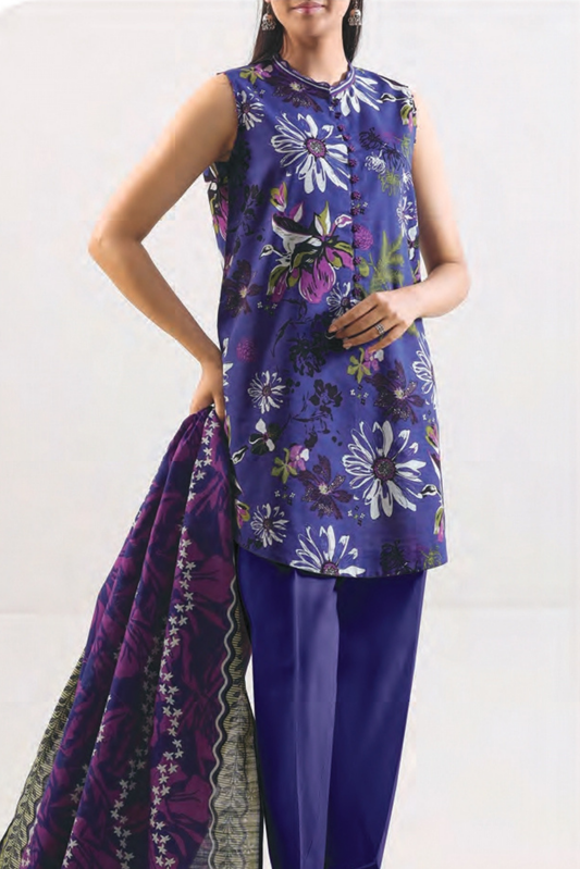 3 Pieces - Saya Unstitched Blue Printed Khaddar Suit