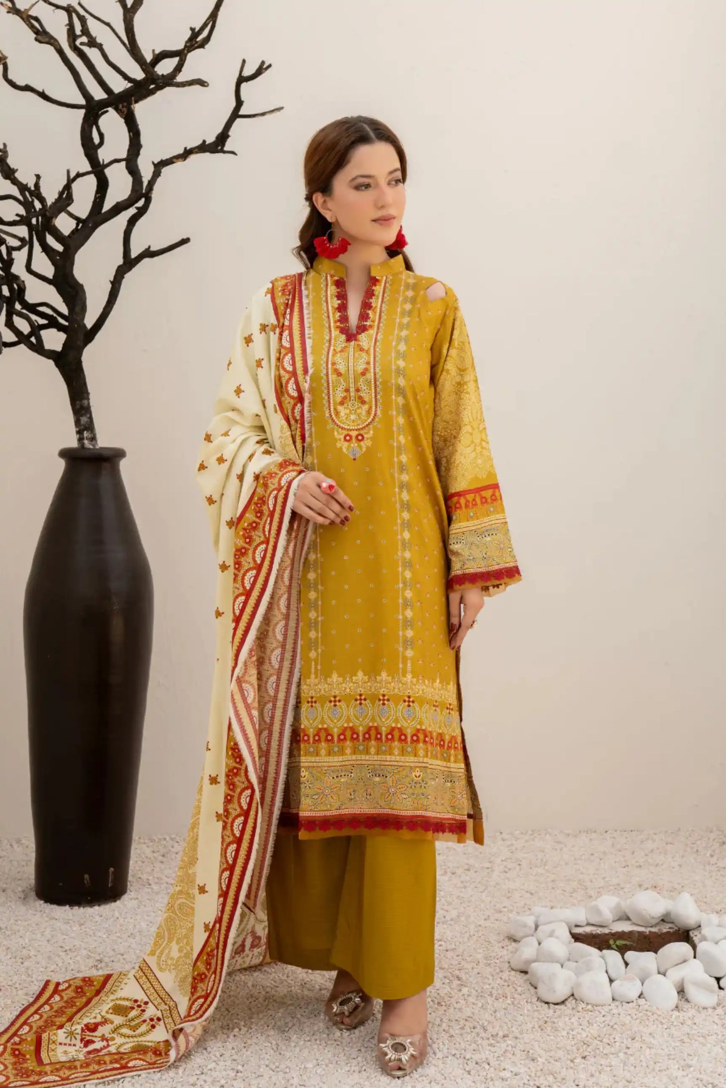 3 Pieces - Marooj Unstitched Mustard Yellow BanaDora Linen Suit