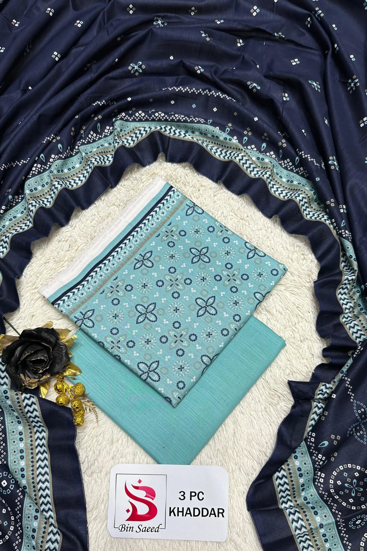 3 Pieces - Bin Saeed Unstitched Sky Blue Ladies Printed Khaddar Suit