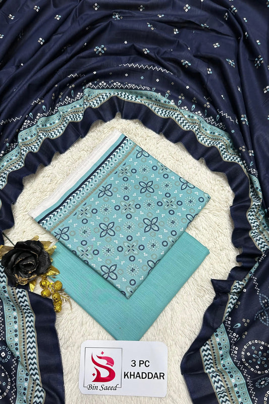 3 Pieces - Bin Saeed Unstitched Sky Blue Ladies Printed Khaddar Suit