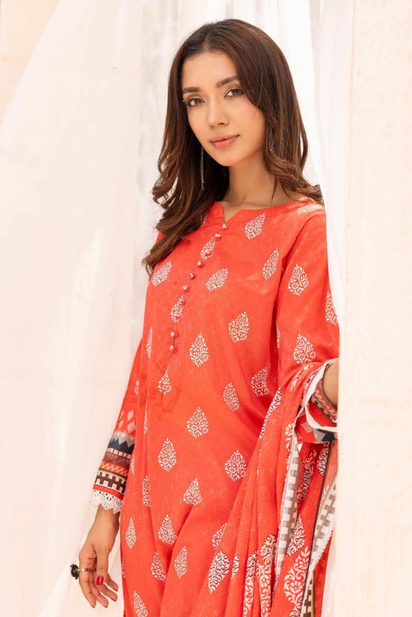3 Pieces - Haya By Legends Unstitched Orange Printed Lawn Suit