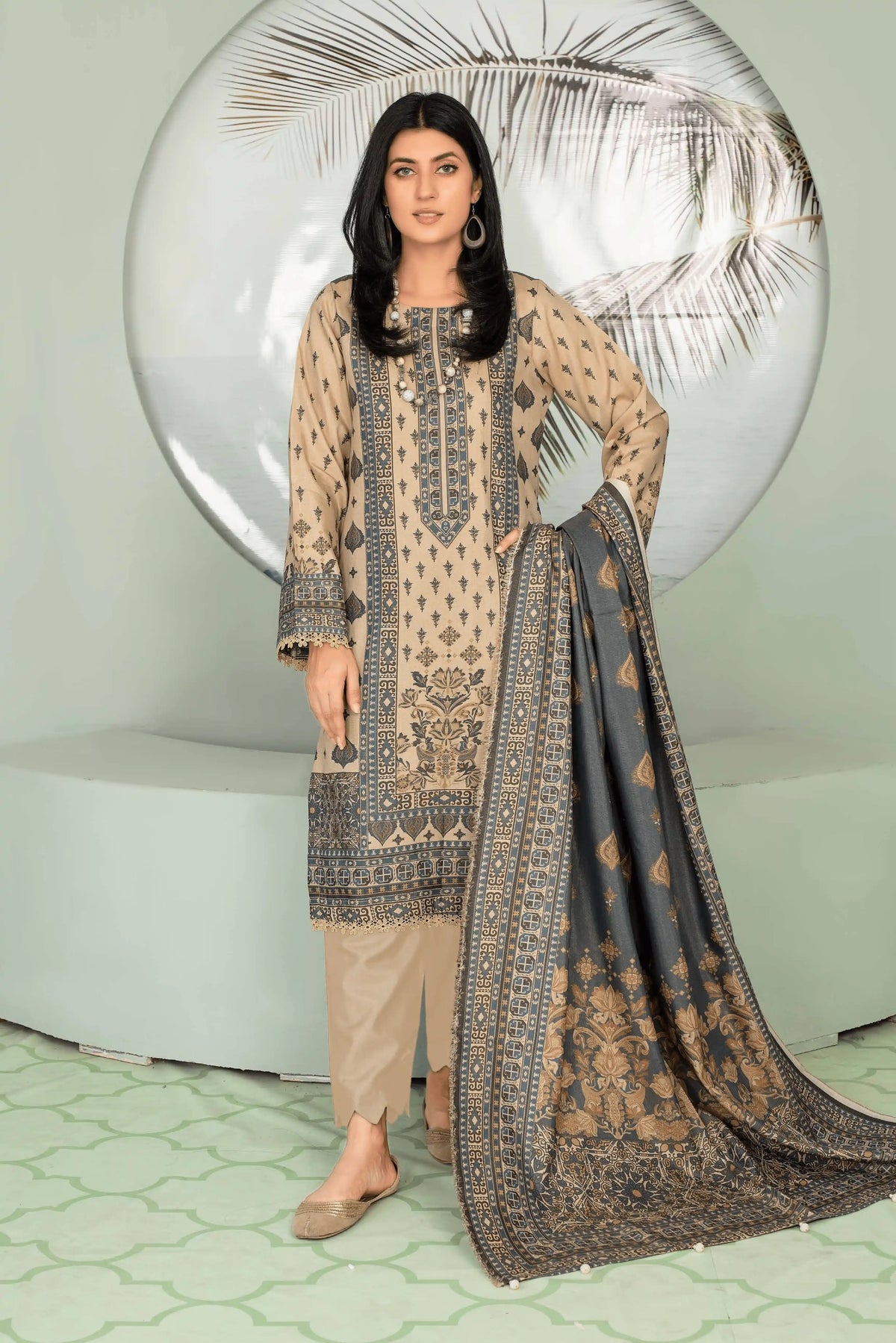 3 Pieces - Aizal Unstitched Skin Printed Shamray Linen Suit