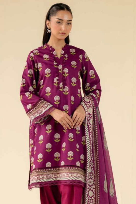3 Pieces - Beyond East Unstitched Maroon Printed Lawn Suit