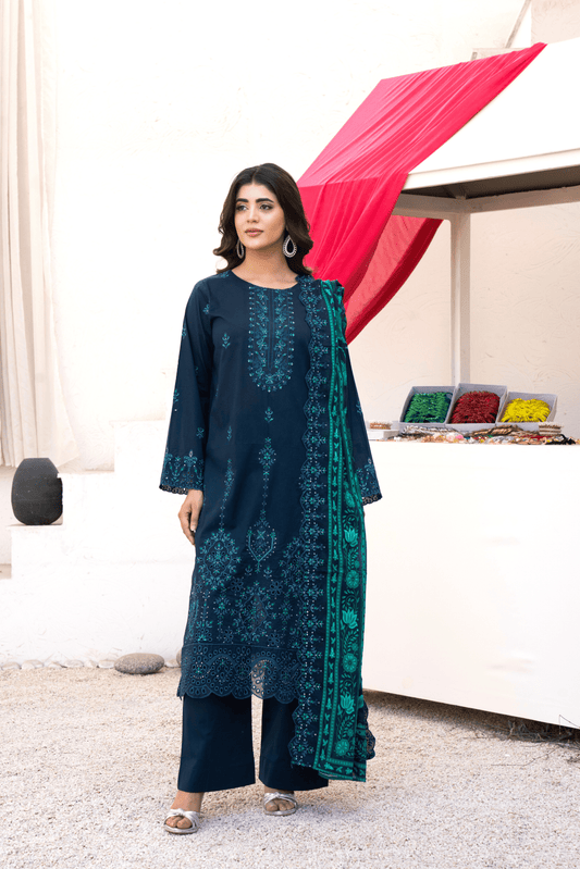 3 Piece - Gold Unstitched Blue Embroidered Lawn Suit
