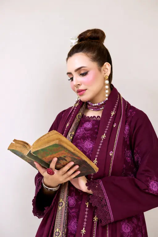 3 Pieces - Marooj Luxury Embroidered Unstitched Maroon Karandi Ladies Suits