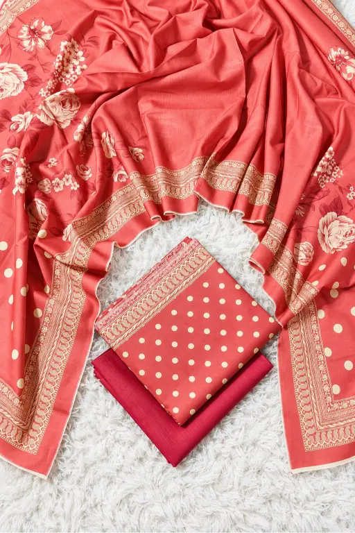 3 Pieces - Bin Saeed Unstitched Peach Ladies Printed Khaddar Suit
