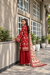 3 Piece - Marooj Ethnic Premium Printed  Unstitched Red khaddar Suit