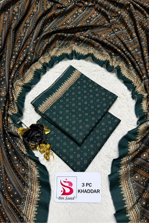 3 Pieces - Bin Saeed Unstitched Dark Green Ladies Khaddar Suit